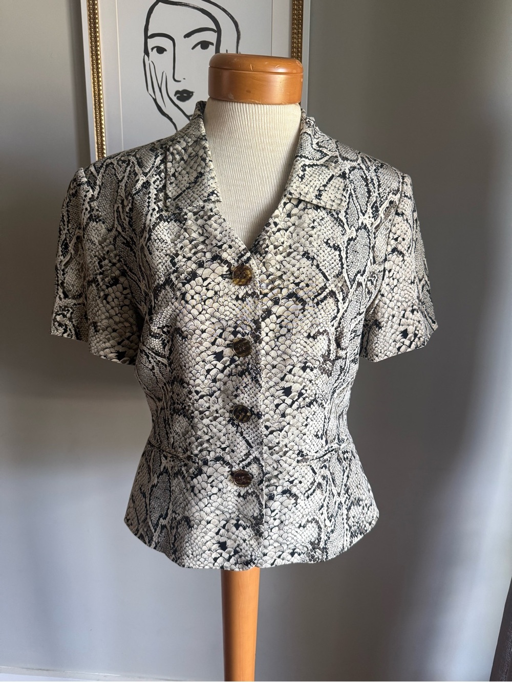 Allison Taylor Cream and Black Snake Print Button Front Top